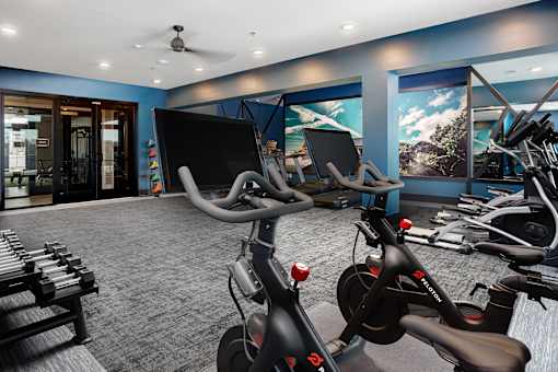 A gym with exercise equipment and a fan.