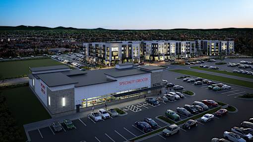 A rendering of a grocery store with a parking lot in front.