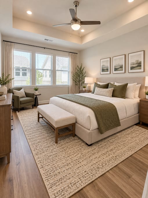 A bedroom with a large bed and a ceiling fan.