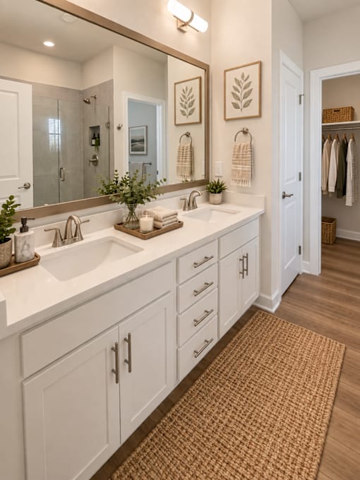 A bathroom with two sinks and a large mirror.