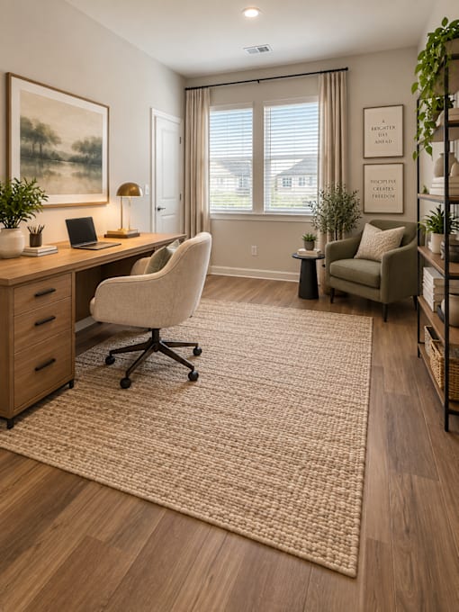 A room with a desk, chair, and a rug.