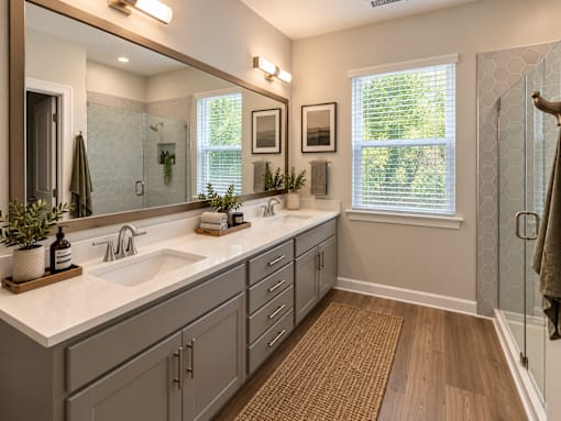 A bathroom with two sinks and a large mirror.