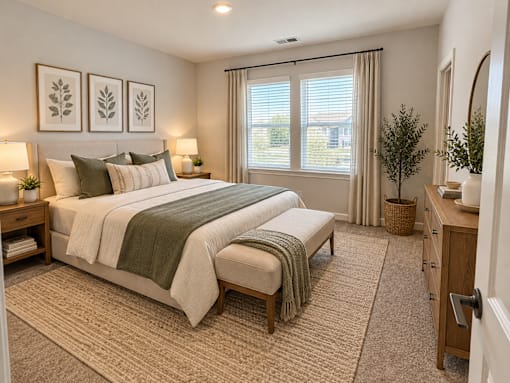 A bedroom with a large bed and a window with curtains.
