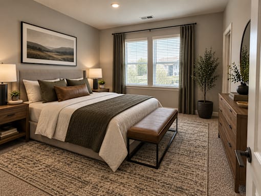A bedroom with a large bed and a painting on the wall.
