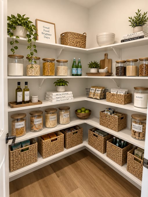 A pantry with white shelves and baskets.