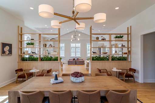 A large wooden dining table surrounded by chairs with a long wooden shelf with plants on it.