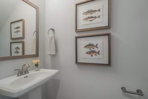 A bathroom with a white sink and three fish pictures on the wall.