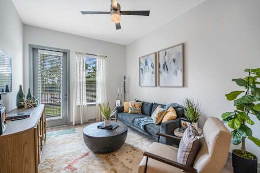 A living room with a couch, chair, and potted plant.