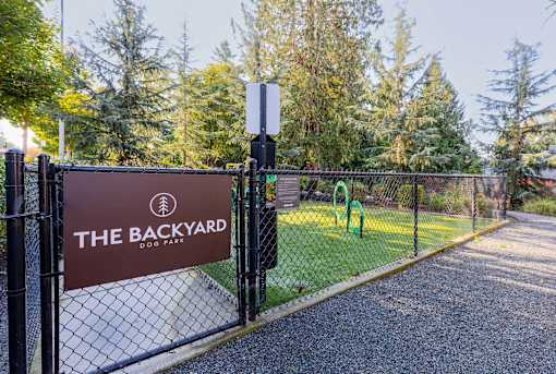 A sign that says "The Backyard" is on a fence.