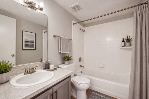 A bathroom with a white toilet, sink, and bathtub.