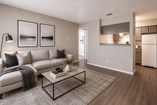 A modern living room with a white sofa, a coffee table, and a grey rug.