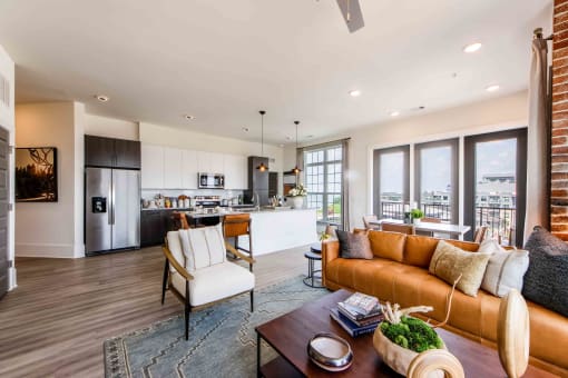 a living room with a couch and a table