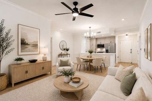 A living room with a white couch and a wooden coffee table.