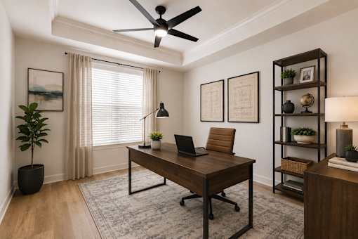 A room with a desk, chair, and a plant.