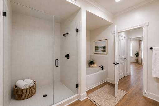 A bathroom with a glass shower door and a white bathtub.