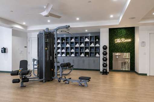 A gym with a variety of equipment including a squat rack, bench, and weights.