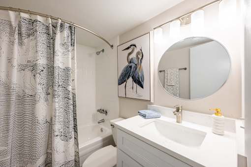 A bathroom with a white sink and a grey and white shower curtain.