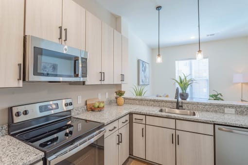 Dog-Friendly Apartments In Hermitage, TN - Kitchen With Stainless Steel Appliances, Granite Countertops, Hardwood Inspired Flooring, European-Style Cabinetry, And Built-In Microwave.