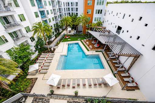 A pool surrounded by lounge chairs and umbrellas.