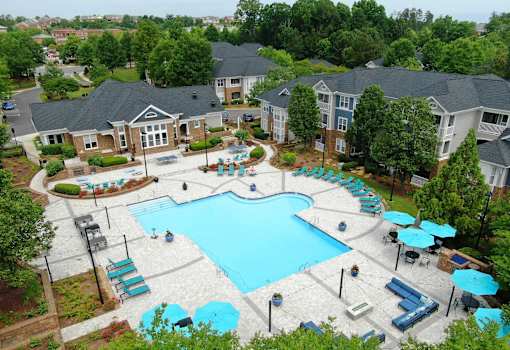 A large swimming pool surrounded by a grassy area and trees.
