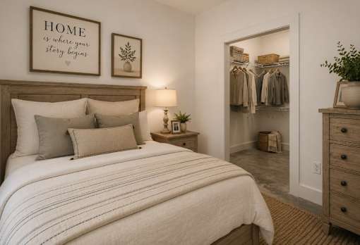 A bedroom with a large bed and a wardrobe.