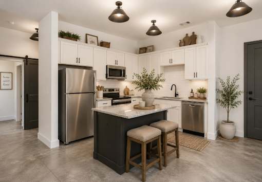 A modern kitchen with a center island and stainless steel appliances.