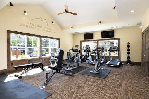 A gym with a variety of equipment including treadmills, weights, and a bench.