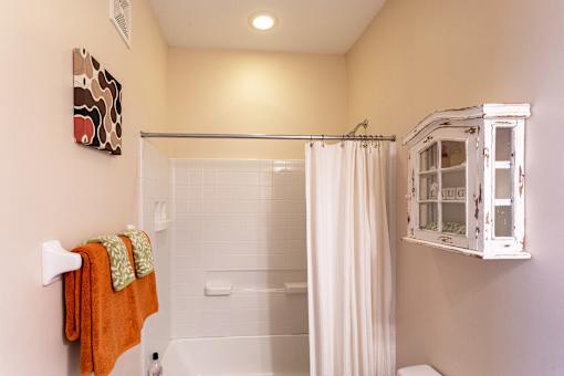A bathroom with a shower curtain and a towel hanging on the wall.