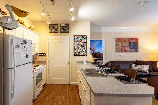 Apartments in Johnson City, TN, with In-Unit Washer and Dryer - University Edge - Fully Furnished Kitchen And Living Area With White Cabinets, Breakfast Bar, Double Sink, And Range And Refrigerator.