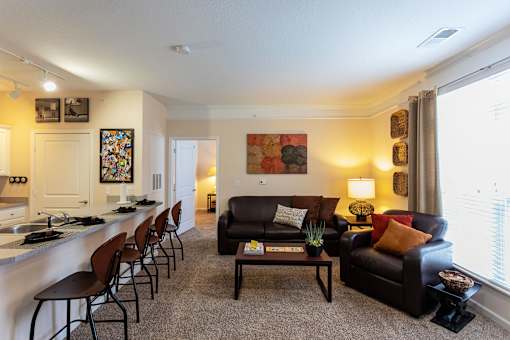 Johnson City, TN, Apartments with In-Unit Washer and Dryer - University Edge - Open Living Room With Breakfast Bar Seating, Leather Sofa, Table Lamp, Wall Art, And Large Window With Curtains.