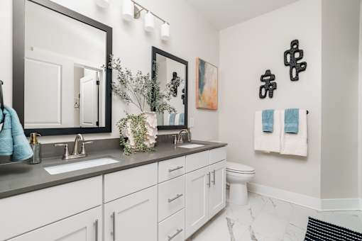 A bathroom with two sinks and a toilet.