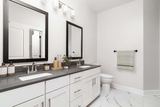 A bathroom with a white toilet and a sink with a mirror above it.