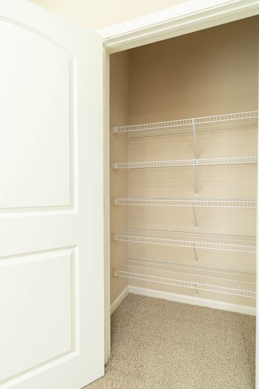 A white door is open to reveal a white pantry with empty shelves.