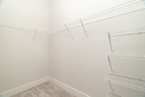 Empty room with white shelves and carpeted floor.