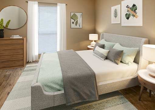 A bedroom with a bed, nightstand, and two lamps.