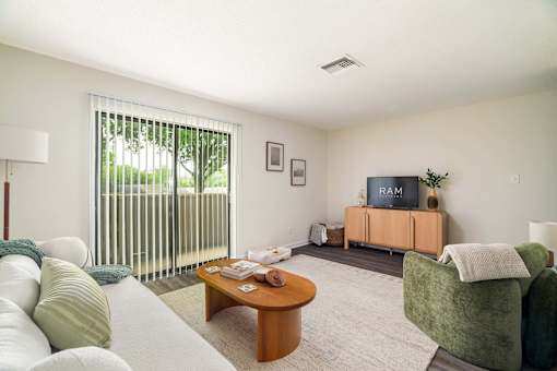 A living room with a sofa, a coffee table, and a television.