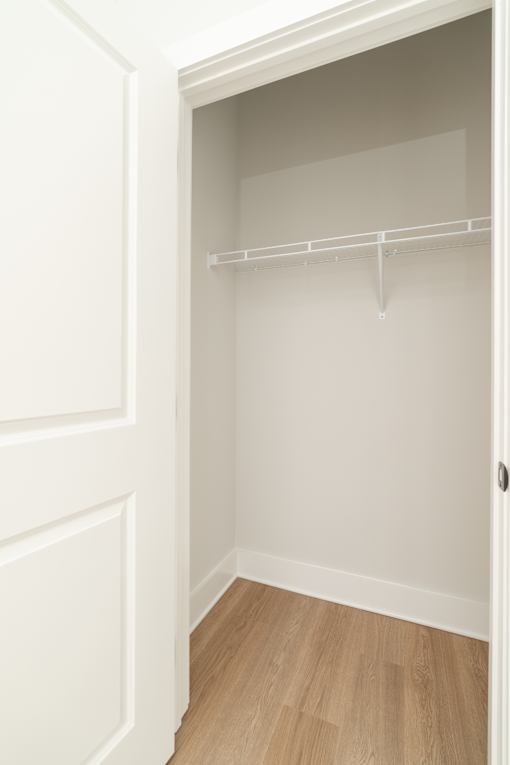 A white closet with a wooden floor and a white door.