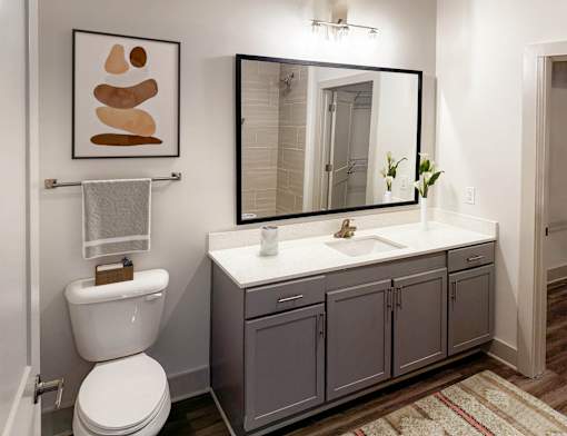 A bathroom with a toilet, sink, and a mirror.