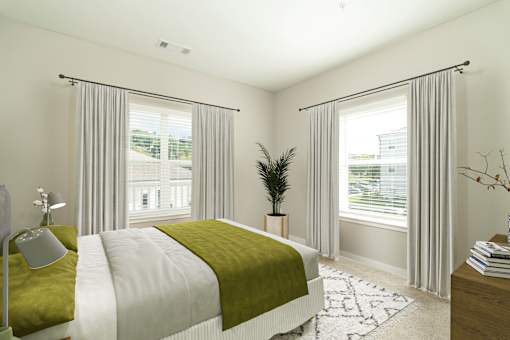 A bedroom with a bed, nightstand, and window with curtains.