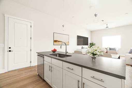 A modern kitchen with a white door and a grey countertop.