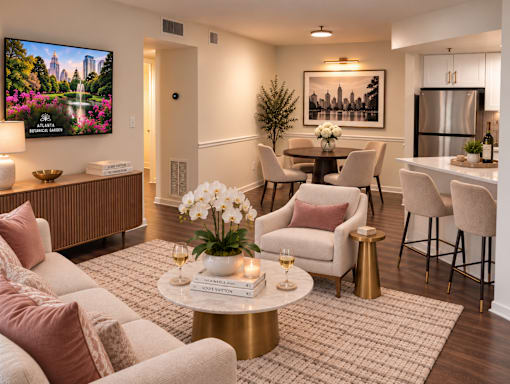 A living room with a television, a dining table, and a kitchen area.