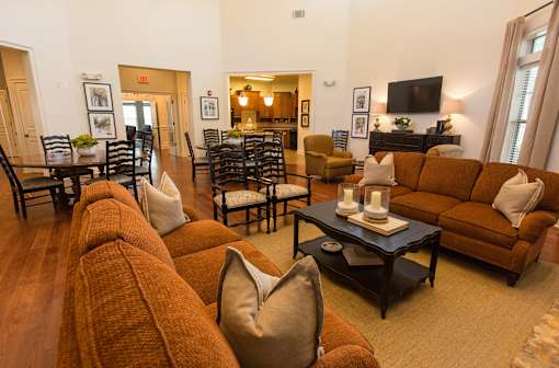 A living room with a brown couch and a coffee table.