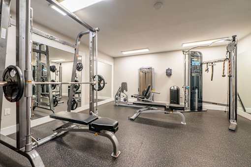 A well-equipped gym with a variety of machines and weights.