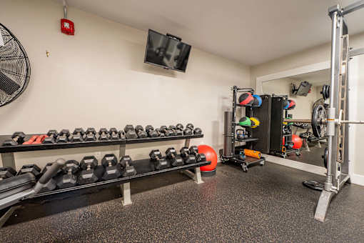 A gym with a row of dumbbells on a rack.