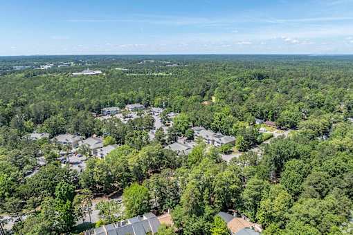 A bird's eye view of a residential area surrounded by dense green trees.