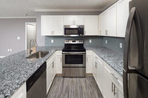 Columbus, GA Luxury Apartments - Kitchen With Wood-Style Flooring, Granite Countertops, Stainless Steel Appliances, Goose-Neck Sink, Dishwasher, Built-In Microwave, And White Cabinets.
