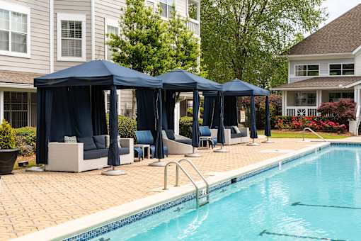 A pool with a blue canopy and chairs around it.