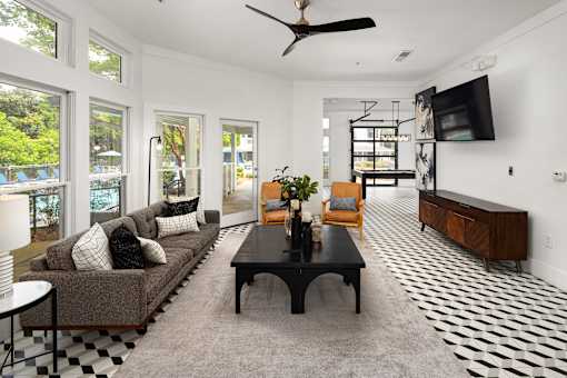 A black and white checkered floor in a living room.