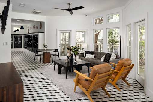 A black and white checkered floor in a living room.
