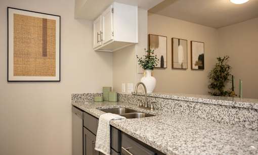 A kitchen with a granite countertop and a white faucet.